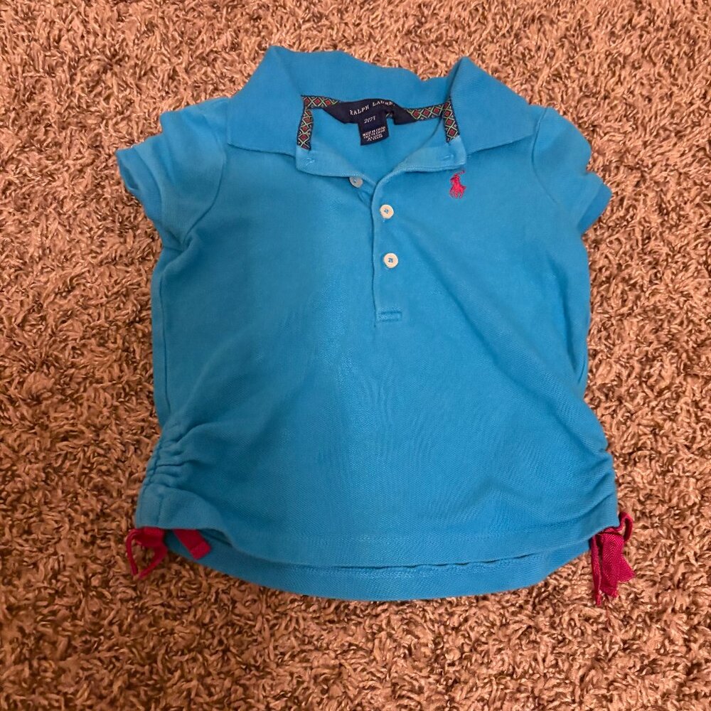 Ralph Lauren Short Sleeve Polo Shirt 2/2T Turquoise Blue Ruched Side Textured